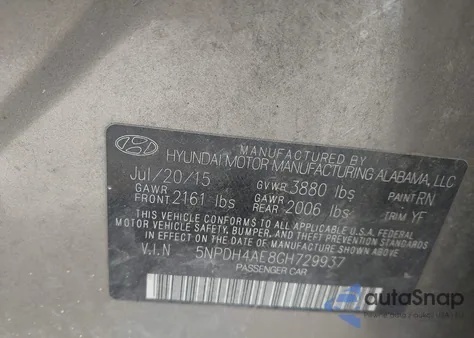 2016 Hyundai Elantra Se z USA, uszkodzony, nr VIN 5NPDH4AE8GH729937